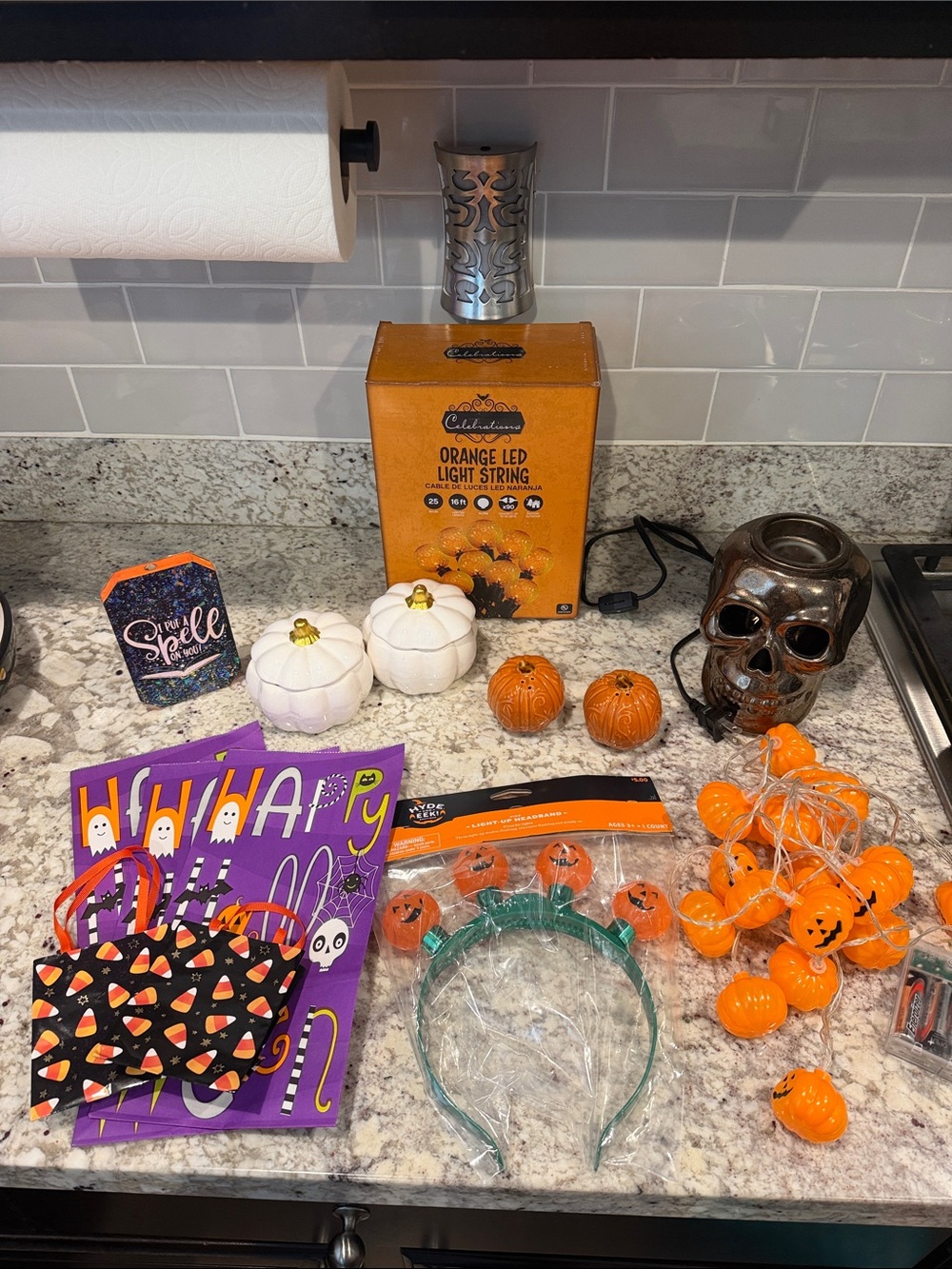 Halloween fall decor bundle -Orange LED String Light, Skull Wax Warmer, Pumpkins